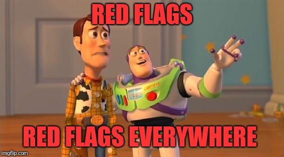 Buzz And Woody | RED FLAGS; RED FLAGS EVERYWHERE | image tagged in buzz and woody | made w/ Imgflip meme maker