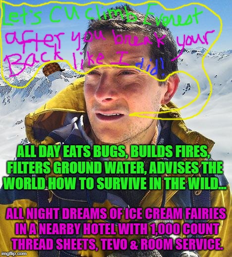 Bear Grylls Meme | ALL DAY EATS BUGS, BUILDS FIRES, FILTERS GROUND WATER, ADVISES THE WORLD HOW TO SURVIVE IN THE WILD... ALL NIGHT DREAMS OF ICE CREAM FAIRIES IN A NEARBY HOTEL WITH 1,000 COUNT THREAD SHEETS, TEVO & ROOM SERVICE. | image tagged in memes,bear grylls,scumbag | made w/ Imgflip meme maker