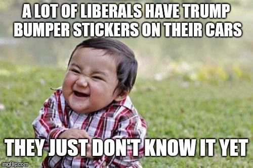 Evil Toddler Meme | A LOT OF LIBERALS HAVE TRUMP BUMPER STICKERS ON THEIR CARS; THEY JUST DON'T KNOW IT YET | image tagged in memes,evil toddler | made w/ Imgflip meme maker