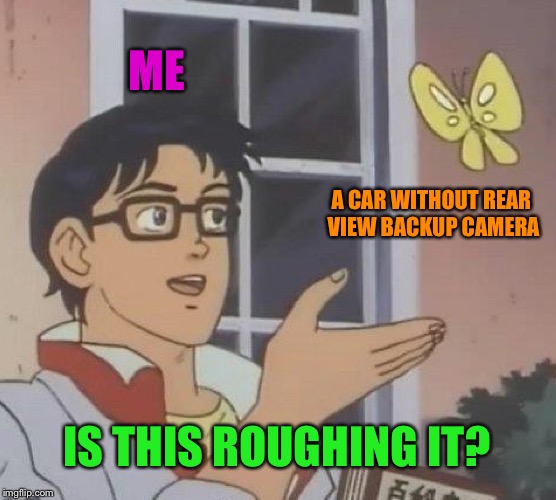 I’m truly spoiled.  | ME; A CAR WITHOUT REAR VIEW BACKUP CAMERA; IS THIS ROUGHING IT? | image tagged in memes,is this a pigeon,car,rear view,camera | made w/ Imgflip meme maker