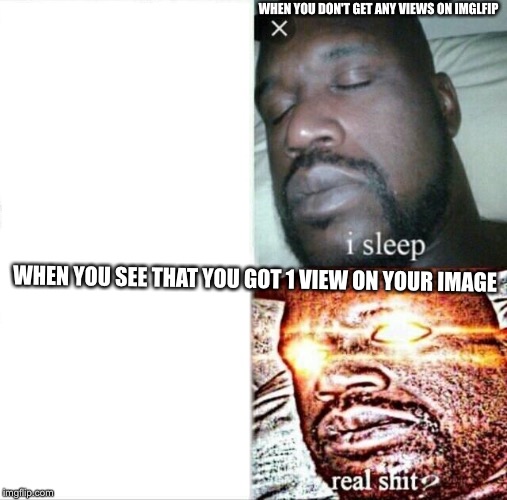 Sleeping Shaq | WHEN YOU DON'T GET ANY VIEWS ON IMGLFIP; WHEN YOU SEE THAT YOU GOT 1 VIEW ON YOUR IMAGE | image tagged in memes,sleeping shaq | made w/ Imgflip meme maker