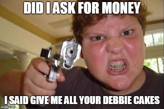 gun | DID I ASK FOR MONEY; I SAID GIVE ME ALL YOUR DEBBIE CAKES | image tagged in fat | made w/ Imgflip meme maker