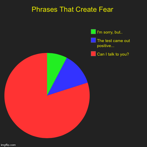 Phrases That Create Fear | Can I talk to you?, The test came out positive..., I'm sorry, but.. | image tagged in funny,pie charts | made w/ Imgflip chart maker