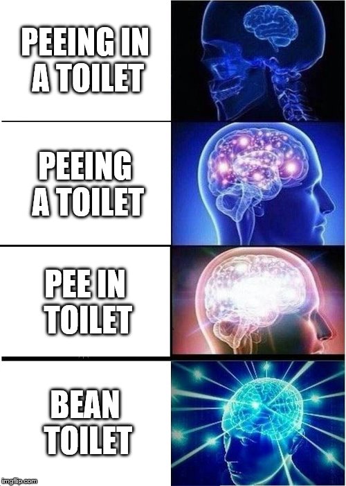 Expanding Brain Meme | PEEING IN A TOILET; PEEING A TOILET; PEE IN TOILET; BEAN TOILET | image tagged in memes,expanding brain | made w/ Imgflip meme maker