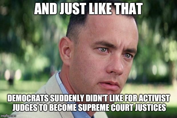 Funny how that works | AND JUST LIKE THAT; DEMOCRATS SUDDENLY DIDN'T LIKE FOR ACTIVIST JUDGES TO BECOME SUPREME COURT JUSTICES | image tagged in forrest gump | made w/ Imgflip meme maker