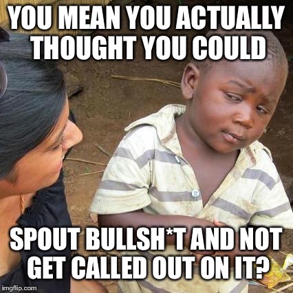 Third World Skeptical Kid Meme | YOU MEAN YOU ACTUALLY THOUGHT YOU COULD SPOUT BULLSH*T AND NOT GET CALLED OUT ON IT? | image tagged in memes,third world skeptical kid | made w/ Imgflip meme maker
