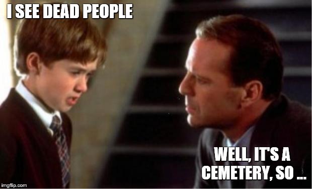 i see dead people | I SEE DEAD PEOPLE WELL, IT'S A CEMETERY, SO ... | image tagged in i see dead people | made w/ Imgflip meme maker