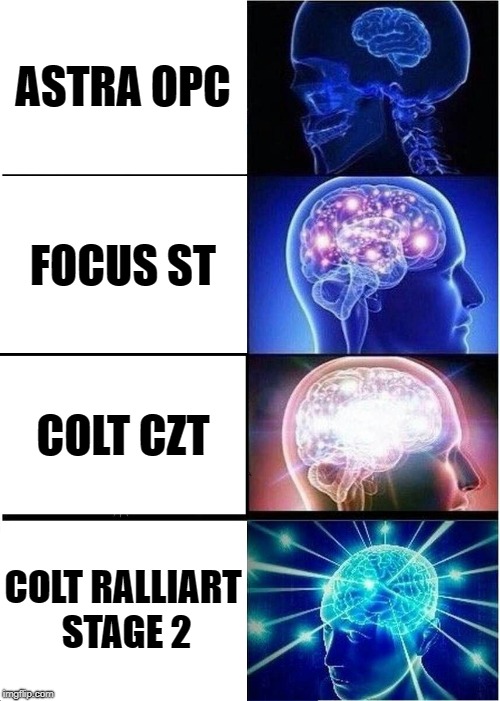 Expanding Brain Meme | ASTRA OPC; FOCUS ST; COLT CZT; COLT RALLIART STAGE 2 | image tagged in memes,expanding brain | made w/ Imgflip meme maker