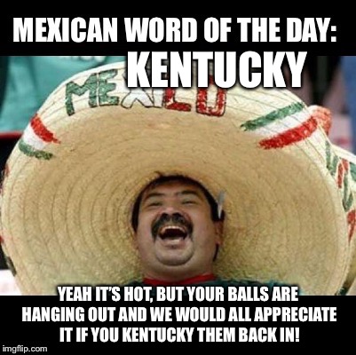 Mexican Word of the Day (LARGE) | KENTUCKY; YEAH IT’S HOT, BUT YOUR BALLS ARE HANGING OUT AND WE WOULD ALL APPRECIATE IT IF YOU KENTUCKY THEM BACK IN! | image tagged in mexican word of the day large | made w/ Imgflip meme maker