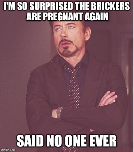 Face You Make Robert Downey Jr Meme | I'M SO SURPRISED THE BRICKERS ARE PREGNANT AGAIN; SAID NO ONE EVER | image tagged in memes,face you make robert downey jr | made w/ Imgflip meme maker
