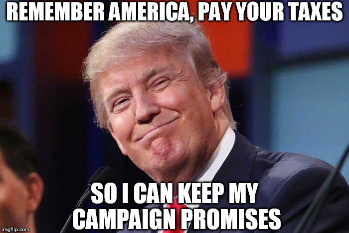 REMEMBER AMERICA, PAY YOUR TAXES; SO I CAN KEEP MY CAMPAIGN PROMISES | image tagged in trump | made w/ Imgflip meme maker