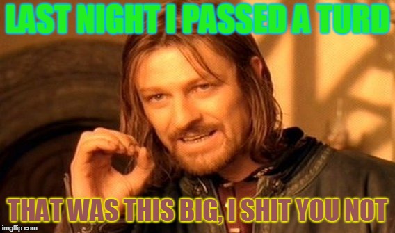 One Does Not Simply Meme | LAST NIGHT I PASSED A TURD; THAT WAS THIS BIG, I SHIT YOU NOT | image tagged in memes,one does not simply | made w/ Imgflip meme maker