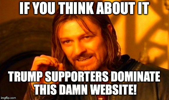 One Does Not Simply Meme | IF YOU THINK ABOUT IT TRUMP SUPPORTERS DOMINATE THIS DAMN WEBSITE! | image tagged in memes,one does not simply | made w/ Imgflip meme maker