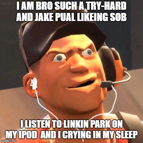 this is supposed to be a satire on the liberal snowflakes and sjws of the world | I AM BRO SUCH A TRY-HARD AND JAKE PUAL LIKEING SOB; I LISTEN TO LINKIN PARK ON MY IPOD 
AND I CRYING IN MY SLEEP | image tagged in tf2 scout | made w/ Imgflip meme maker