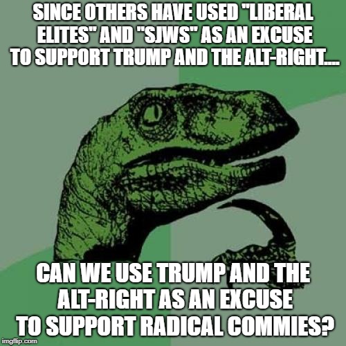 Philosoraptor | SINCE OTHERS HAVE USED "LIBERAL ELITES" AND "SJWS" AS AN EXCUSE TO SUPPORT TRUMP AND THE ALT-RIGHT.... CAN WE USE TRUMP AND THE ALT-RIGHT AS AN EXCUSE TO SUPPORT RADICAL COMMIES? | image tagged in memes,philosoraptor | made w/ Imgflip meme maker