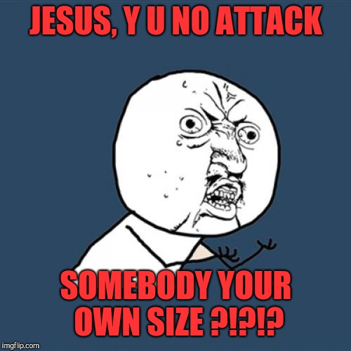 Y U No Meme | JESUS, Y U NO ATTACK SOMEBODY YOUR OWN SIZE ?!?!? | image tagged in memes,y u no | made w/ Imgflip meme maker
