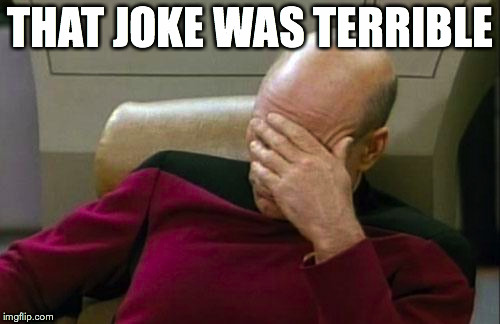 Captain Picard Facepalm Meme | THAT JOKE WAS TERRIBLE | image tagged in memes,captain picard facepalm | made w/ Imgflip meme maker