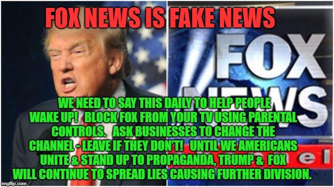 Fox is Fake News Propaganda | FOX NEWS IS FAKE NEWS; WE NEED TO SAY THIS DAILY TO HELP PEOPLE WAKE UP!   BLOCK FOX FROM YOUR TV USING PARENTAL CONTROLS.   ASK BUSINESSES TO CHANGE THE CHANNEL - LEAVE IF THEY DON’T!   UNTIL WE AMERICANS UNITE & STAND UP TO PROPAGANDA, TRUMP &  FOX WILL CONTINUE TO SPREAD LIES CAUSING FURTHER DIVISION. | image tagged in trump,fake news,fox news | made w/ Imgflip meme maker