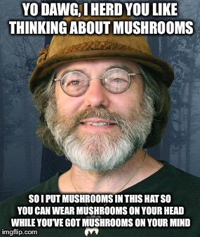 Paul Stamets: Mushroom Hat | YO DAWG, I HERD YOU LIKE THINKING ABOUT MUSHROOMS; SO I PUT MUSHROOMS IN THIS HAT SO YOU CAN WEAR MUSHROOMS ON YOUR HEAD WHILE YOU’VE GOT MUSHROOMS ON YOUR MIND | image tagged in paul stamets,mushroom hat,yo dawg,joe rogan | made w/ Imgflip meme maker