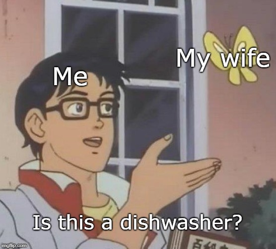 Is This A Pigeon Meme | My wife; Me; Is this a dishwasher? | image tagged in memes,is this a pigeon | made w/ Imgflip meme maker