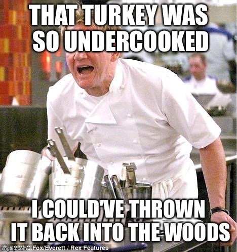 Chef Gordon Ramsay | THAT TURKEY WAS SO UNDERCOOKED; I COULD'VE THROWN IT BACK INTO THE WOODS | image tagged in memes,chef gordon ramsay | made w/ Imgflip meme maker