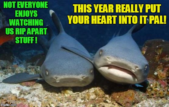 Sharks discuss ways to bring in more viewers to shark week! | THIS YEAR REALLY PUT YOUR HEART INTO IT PAL! NOT EVERYONE ENJOYS WATCHING US RIP APART STUFF ! | image tagged in empathetic shark,shark week,great white shark | made w/ Imgflip meme maker