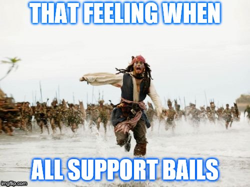 Ironic | THAT FEELING WHEN; ALL SUPPORT BAILS | image tagged in memes,jack sparrow being chased | made w/ Imgflip meme maker