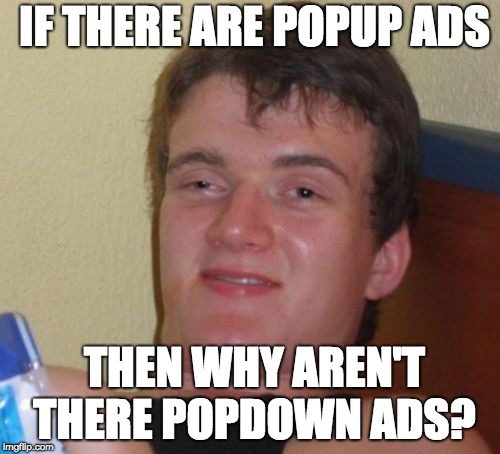 pop10 | IF THERE ARE POPUP ADS; THEN WHY AREN'T THERE POPDOWN ADS? | image tagged in memes,10 guy | made w/ Imgflip meme maker