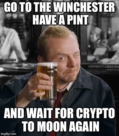 shaun of the crypto | GO TO THE WINCHESTER HAVE A PINT; AND WAIT FOR CRYPTO TO MOON AGAIN | image tagged in shaun of the dead,cryptocurrency,bitcoin | made w/ Imgflip meme maker