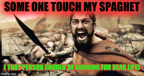 Sparta Leonidas | SOME ONE TOUCH MY SPAGHET; ( THAT PERSON SHOULD BE RUNNING FOR DEAR LIFE) | image tagged in memes,sparta leonidas | made w/ Imgflip meme maker