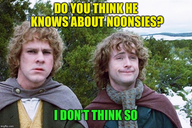 hobbits | DO YOU THINK HE KNOWS ABOUT NOONSIES? I DON’T THINK SO | image tagged in hobbits | made w/ Imgflip meme maker