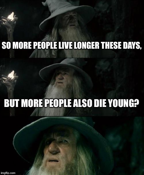 Confused Gandalf | SO MORE PEOPLE LIVE LONGER THESE DAYS, BUT MORE PEOPLE ALSO DIE YOUNG? | image tagged in memes,confused gandalf | made w/ Imgflip meme maker