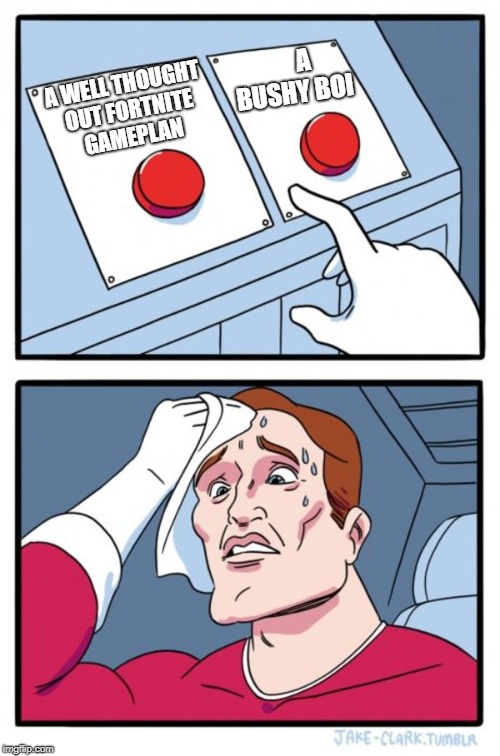 Two Buttons Meme | A BUSHY BOI; A WELL THOUGHT OUT FORTNITE GAMEPLAN | image tagged in memes,two buttons | made w/ Imgflip meme maker