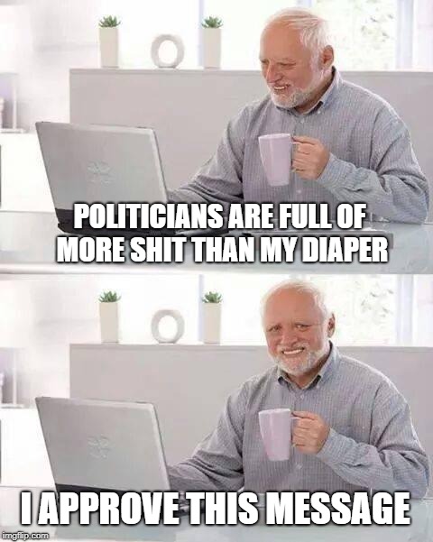 Hide the Pain Harold | POLITICIANS ARE FULL OF MORE SHIT THAN MY DIAPER; I APPROVE THIS MESSAGE | image tagged in memes,hide the pain harold,politicians,corruption,dirty diaper,poop | made w/ Imgflip meme maker