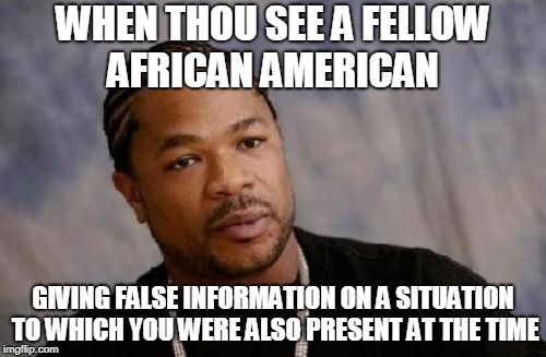 Serious Xzibit | WHEN THOU SEE A FELLOW AFRICAN AMERICAN; GIVING FALSE INFORMATION ON A SITUATION TO WHICH YOU WERE ALSO PRESENT AT THE TIME | image tagged in memes,serious xzibit | made w/ Imgflip meme maker