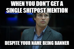 WHEN YOU DON'T GET A SINGLE SHITPOST MENTION; DESPITE YOUR NAME BEING BANNER | made w/ Imgflip meme maker