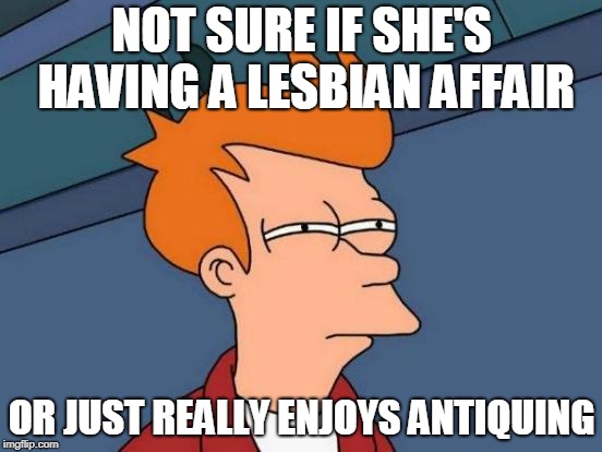 Futurama Fry Meme | NOT SURE IF SHE'S HAVING A LESBIAN AFFAIR; OR JUST REALLY ENJOYS ANTIQUING | image tagged in memes,futurama fry,AdviceAnimals | made w/ Imgflip meme maker