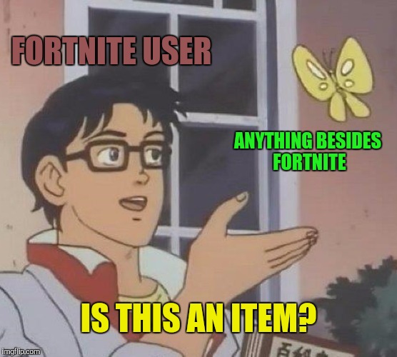 Is This A Pigeon Meme | FORTNITE USER; ANYTHING BESIDES FORTNITE; IS THIS AN ITEM? | image tagged in memes,is this a pigeon | made w/ Imgflip meme maker
