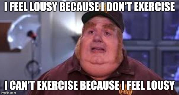 I know I'm not the only one with this problem. | I FEEL LOUSY BECAUSE I DON'T EXERCISE; I CAN'T EXERCISE BECAUSE I FEEL LOUSY | image tagged in lazy,exercise,memes,so true memes | made w/ Imgflip meme maker