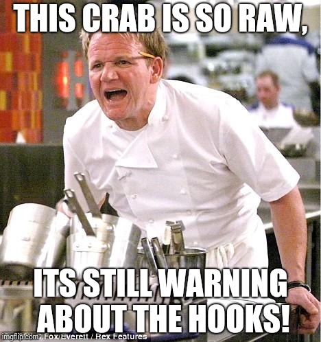 Television veterans will get this. | THIS CRAB IS SO RAW, ITS STILL WARNING ABOUT THE HOOKS! | image tagged in memes,chef gordon ramsay,funny | made w/ Imgflip meme maker