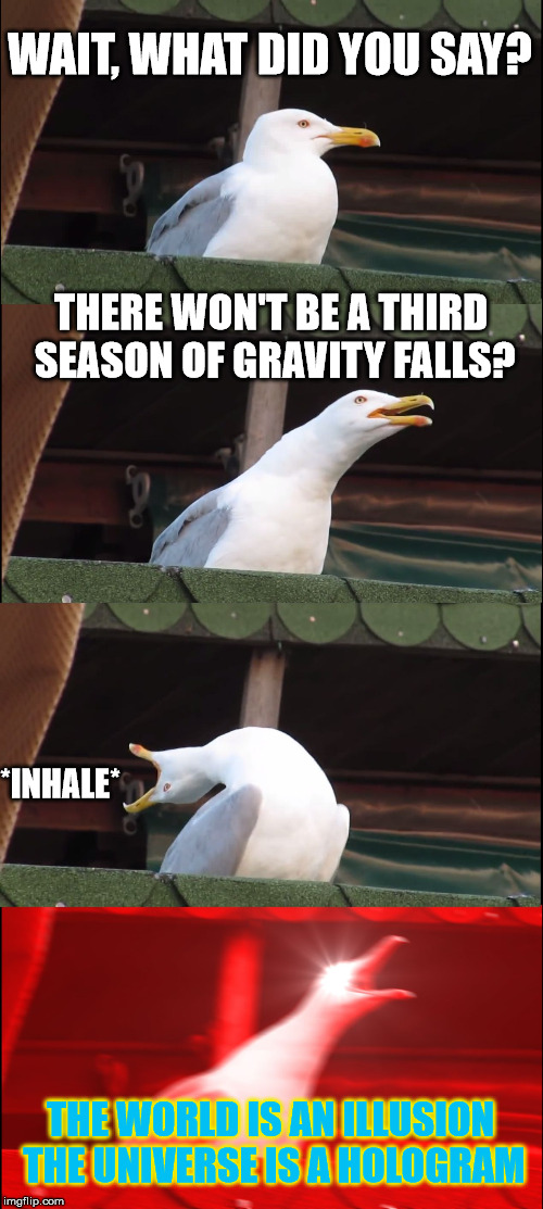 Inhaling Seagull Meme | WAIT, WHAT DID YOU SAY? THERE WON'T BE A THIRD SEASON OF GRAVITY FALLS? *INHALE*; THE WORLD IS AN ILLUSION THE UNIVERSE IS A HOLOGRAM | image tagged in memes,inhaling seagull | made w/ Imgflip meme maker