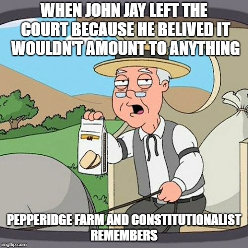 Pepperidge Farm Remembers | WHEN JOHN JAY LEFT THE COURT BECAUSE HE BELIVED IT WOULDN'T AMOUNT TO ANYTHING; PEPPERIDGE FARM AND CONSTITUTIONALIST REMEMBERS | image tagged in memes,pepperidge farm remembers | made w/ Imgflip meme maker