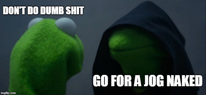 Evil Kermit Meme | DON'T DO DUMB SHIT; GO FOR A JOG NAKED | image tagged in memes,evil kermit | made w/ Imgflip meme maker