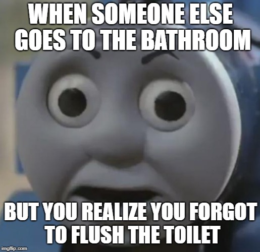 thomas o face | WHEN SOMEONE ELSE GOES TO THE BATHROOM; BUT YOU REALIZE YOU FORGOT TO FLUSH THE TOILET | image tagged in thomas o face | made w/ Imgflip meme maker