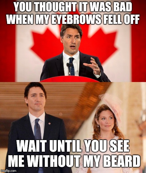 Trudeau  | YOU THOUGHT IT WAS BAD WHEN MY EYEBROWS FELL OFF; WAIT UNTIL YOU SEE ME WITHOUT MY BEARD | image tagged in justin trudeau,stupid liberals,canada | made w/ Imgflip meme maker