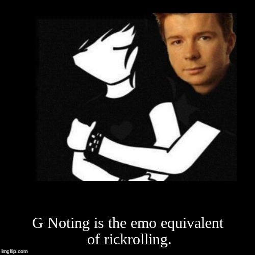 Emo Rickrolling | image tagged in funny,demotivationals,rickroll,goth,rick astley | made w/ Imgflip demotivational maker