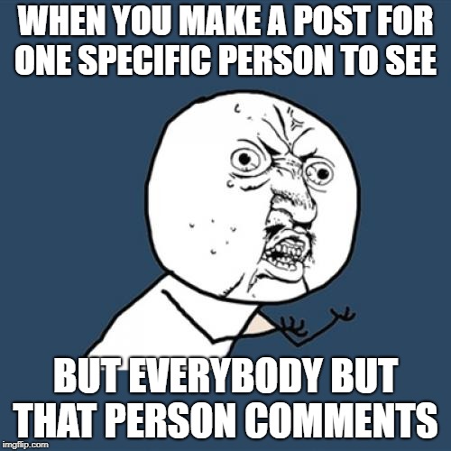 Y U No Meme | WHEN YOU MAKE A POST FOR ONE SPECIFIC PERSON TO SEE; BUT EVERYBODY BUT THAT PERSON COMMENTS | image tagged in memes,y u no | made w/ Imgflip meme maker