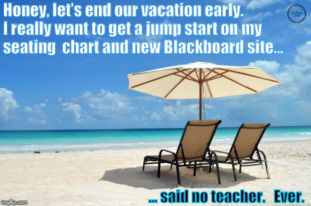 Beach | Honey, let’s end our vacation early.  I really want to get a jump start on my seating 
chart and new Blackboard site... ... said no teacher.   Ever. | image tagged in beach | made w/ Imgflip meme maker