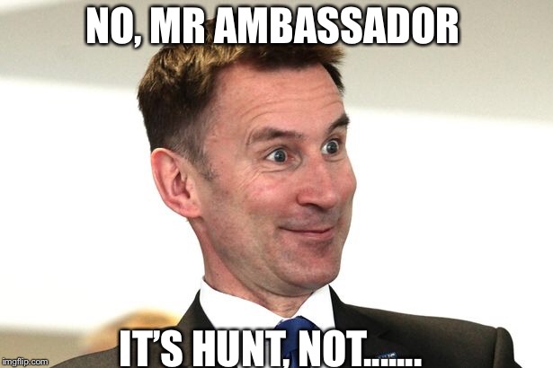 UK diplomacy 2018 | NO, MR AMBASSADOR; IT’S HUNT, NOT....... | image tagged in uk,politics,hunt | made w/ Imgflip meme maker