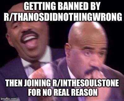 Steve Harvey Laughing Serious | GETTING BANNED BY R/THANOSDIDNOTHINGWRONG; THEN JOINING R/INTHESOULSTONE FOR NO REAL REASON | image tagged in steve harvey laughing serious | made w/ Imgflip meme maker